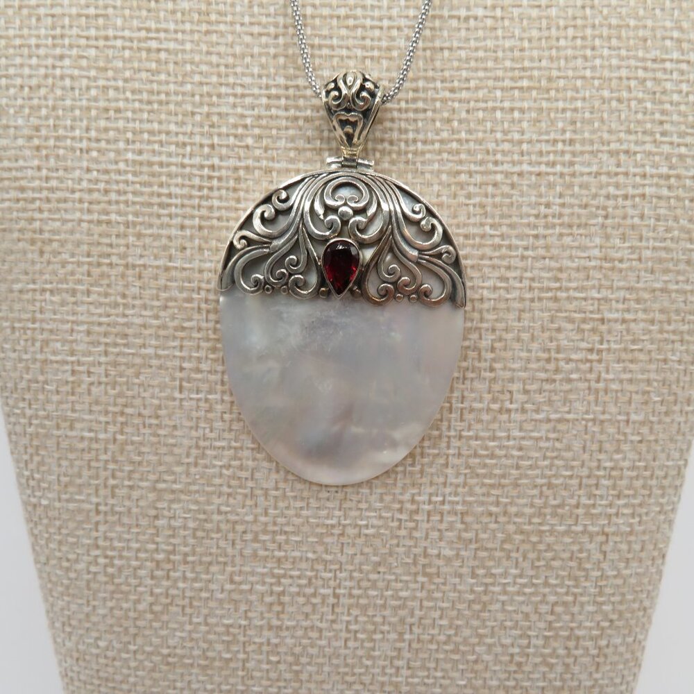925 Sterling Silver Mother of Pearl Garnet Accent Pendant Necklace